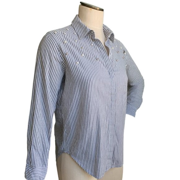 Rails "Taylor Florence Stripe Button Front Studded Pearls" XS Gray White #50L - Picture 5 of 11